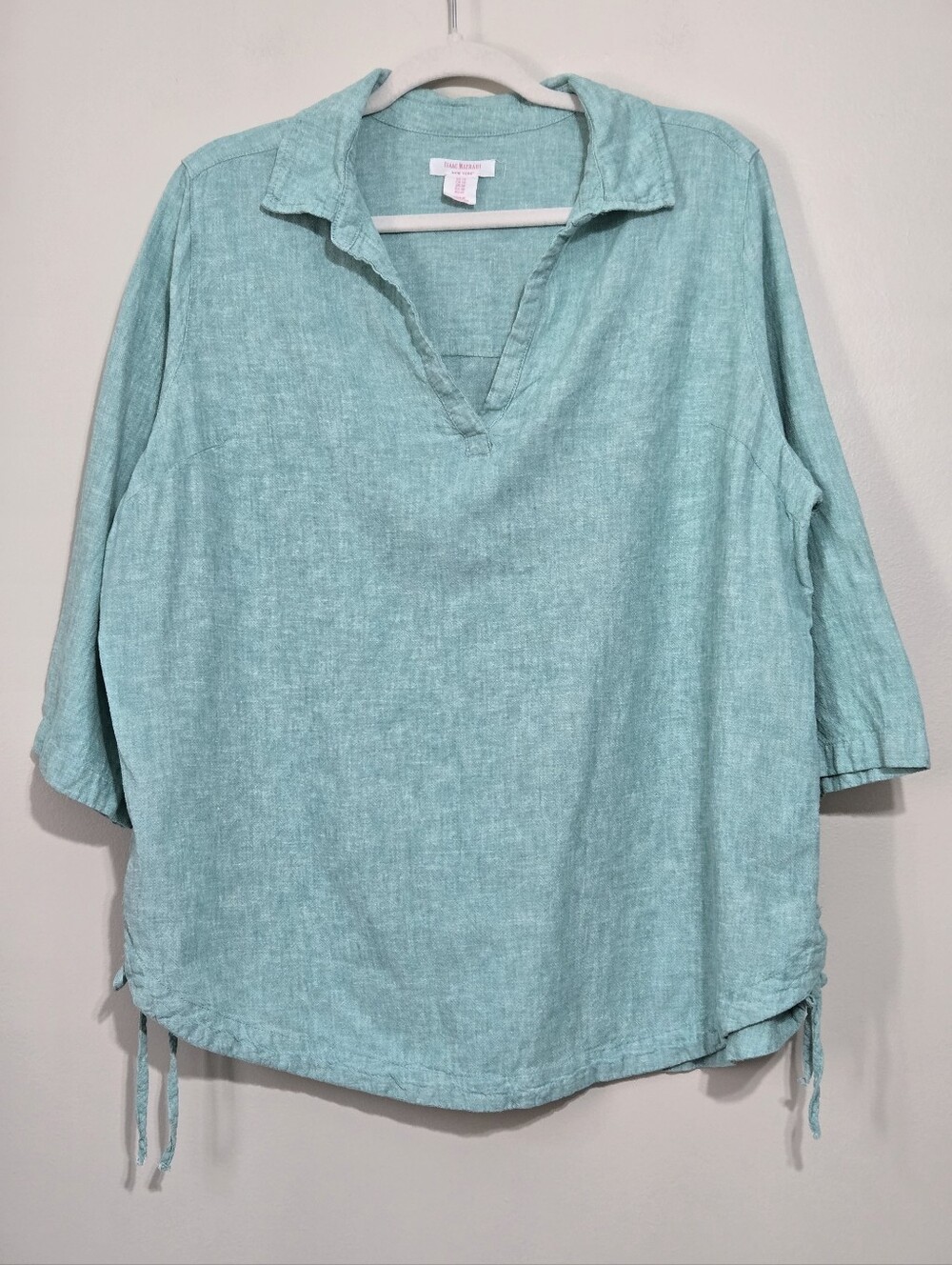 Isaac Mizrahi Women's Aqua Linen Blend Tunic Top 3/4 Sleeve Side Tie Size 1X
